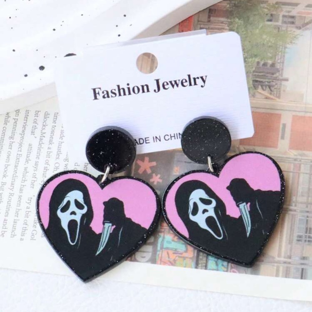 Pink and Black Heart Earrings
